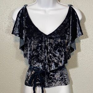 Zara Crushed Velvet Blue Ruffle Overlay Blouse
